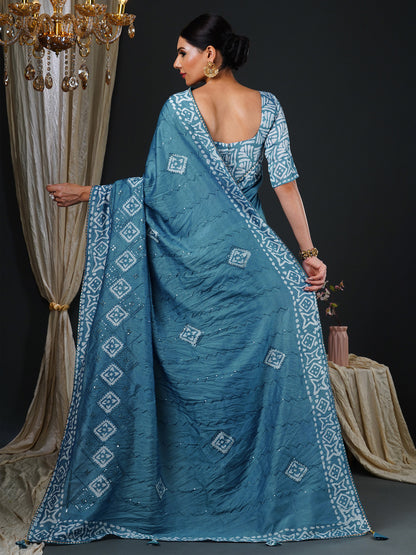 Women's Viscose Silk Blue Embellished Designer Saree With Blouse Piece