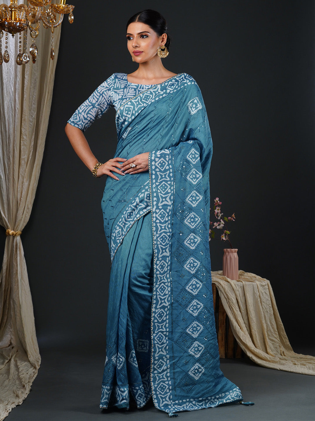Women's Viscose Silk Blue Embellished Designer Saree With Blouse Piece