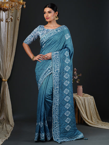 Women's Viscose Silk Blue Embellished Designer Saree With Blouse Piece