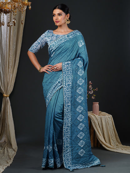 Women's Viscose Silk Blue Embellished Designer Saree With Blouse Piece