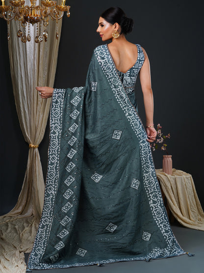 Women's Viscose Silk Grey Embellished Designer Saree With Blouse Piece