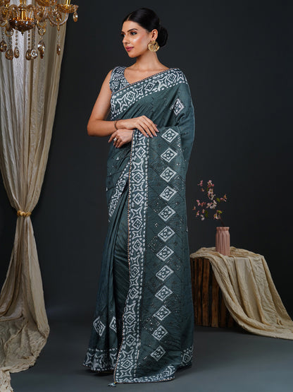 Women's Viscose Silk Grey Embellished Designer Saree With Blouse Piece