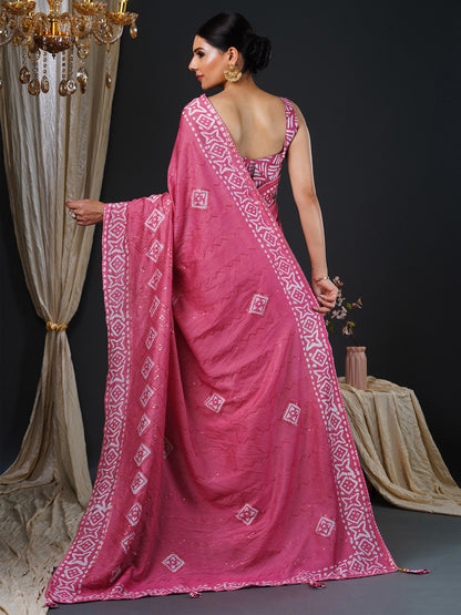Women's Viscose Silk Pink Embellished Designer Saree With Blouse Piece