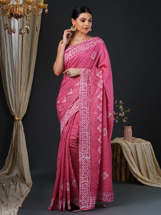 Women's Viscose Silk Pink Embellished Designer Saree With Blouse Piece