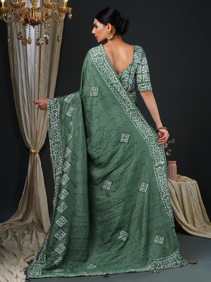 Women's Viscose Silk Sea Green Embellished Designer Saree With Blouse Piece
