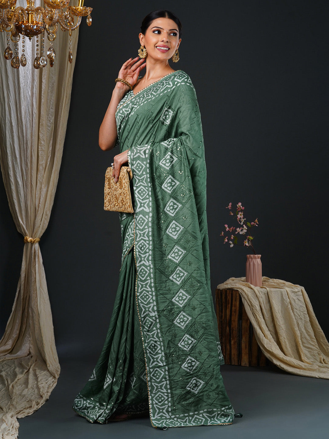 Women's Viscose Silk Sea Green Embellished Designer Saree With Blouse Piece