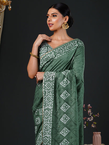 Women's Viscose Silk Sea Green Embellished Designer Saree With Blouse Piece