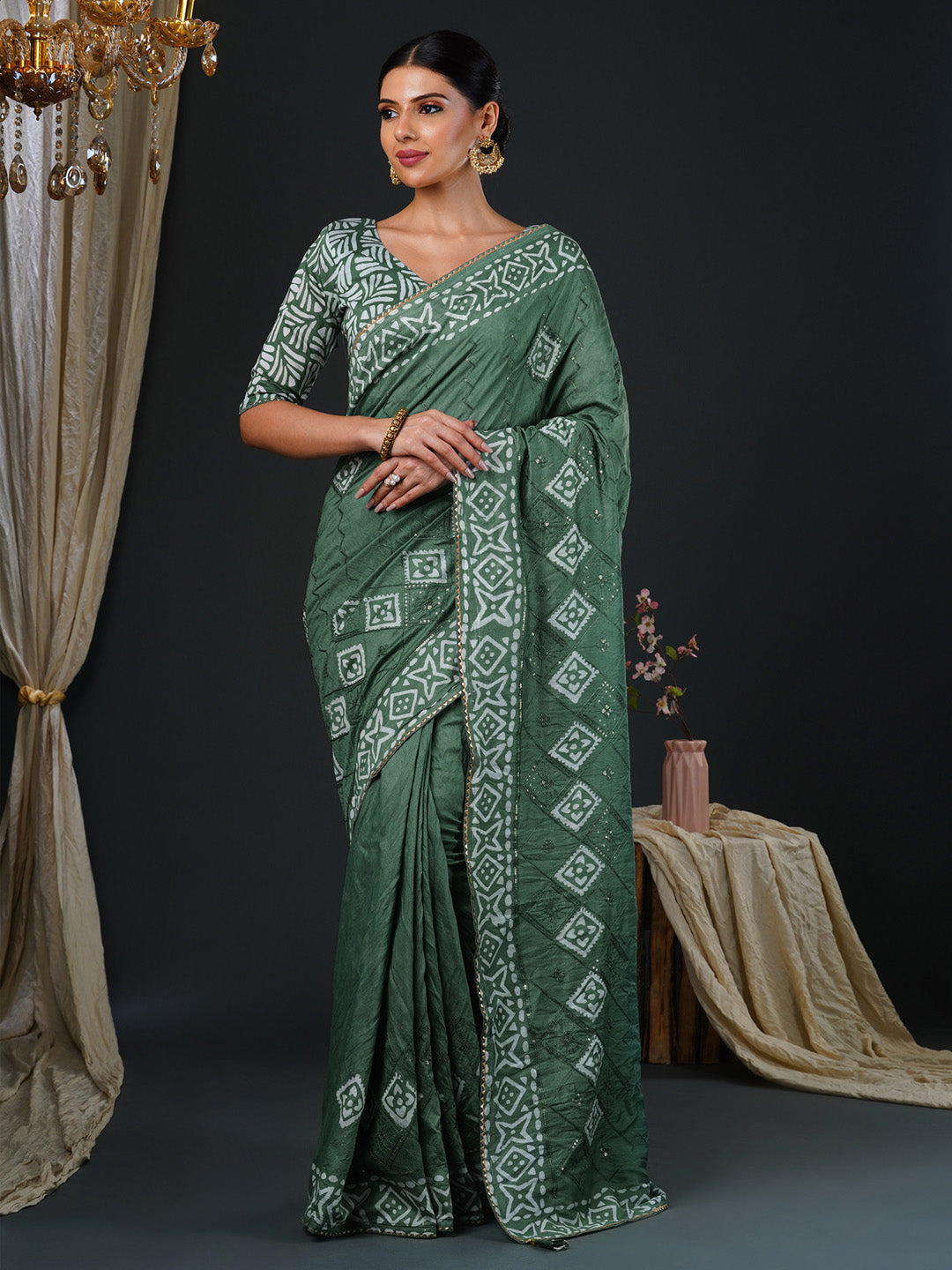Women's Viscose Silk Sea Green Embellished Designer Saree With Blouse Piece