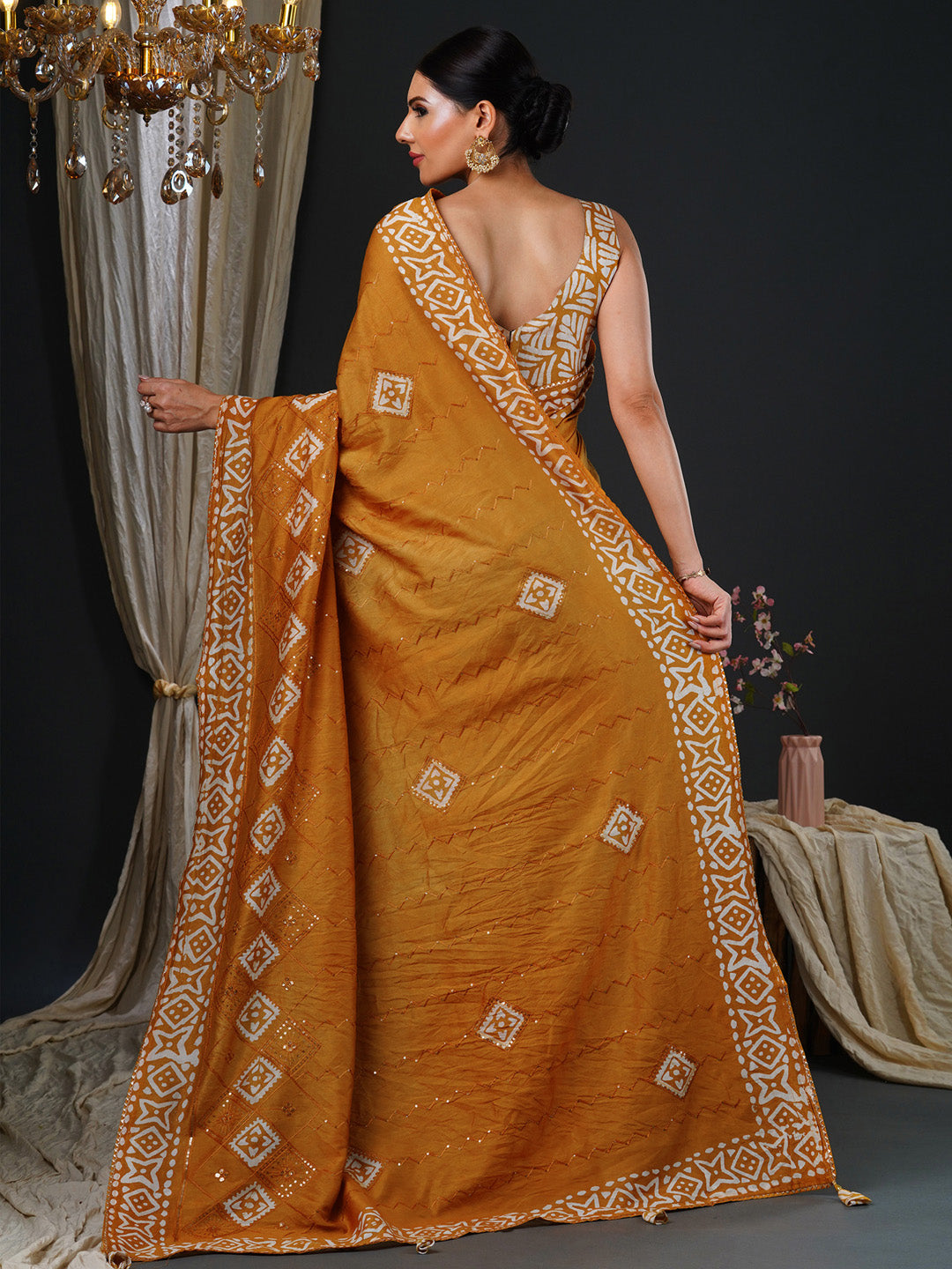 Women's Viscose Silk Mustard Embellished Designer Saree With Blouse Piece