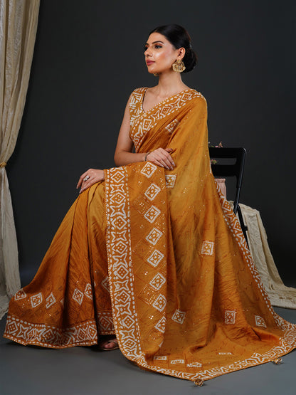 Women's Viscose Silk Mustard Embellished Designer Saree With Blouse Piece