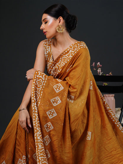 Women's Viscose Silk Mustard Embellished Designer Saree With Blouse Piece