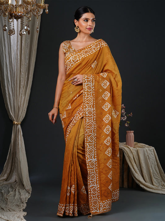 Women's Viscose Silk Mustard Embellished Designer Saree With Blouse Piece