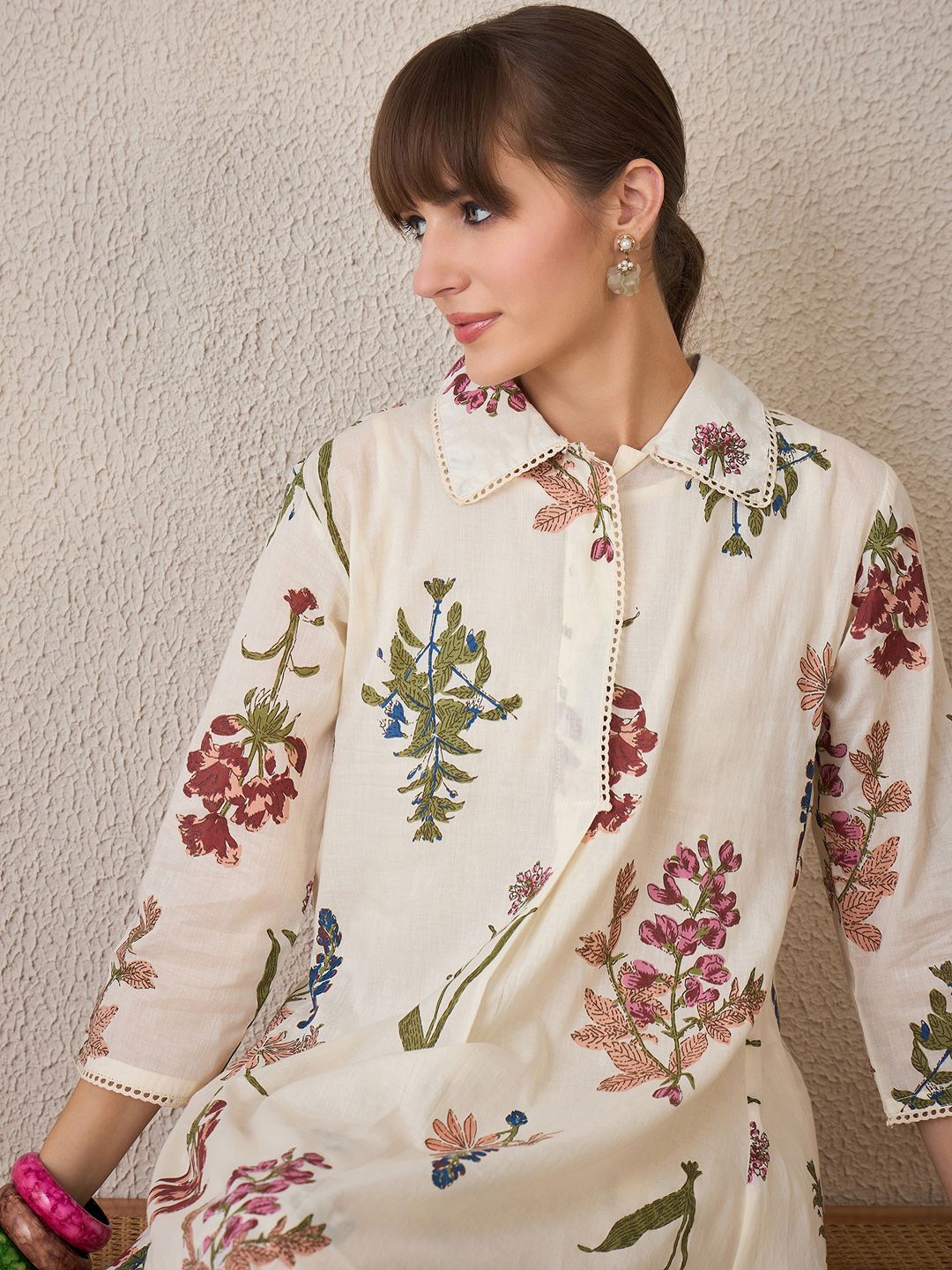 Floral Printed Pure Cotton Shirt Collar A-Line Kurta With Palazzos