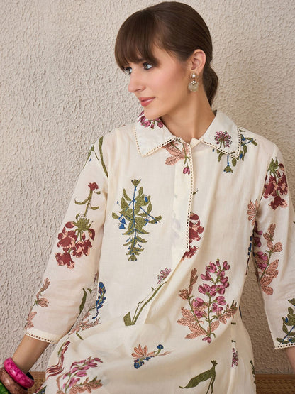 Floral Printed Pure Cotton Shirt Collar A-Line Kurta With Palazzos
