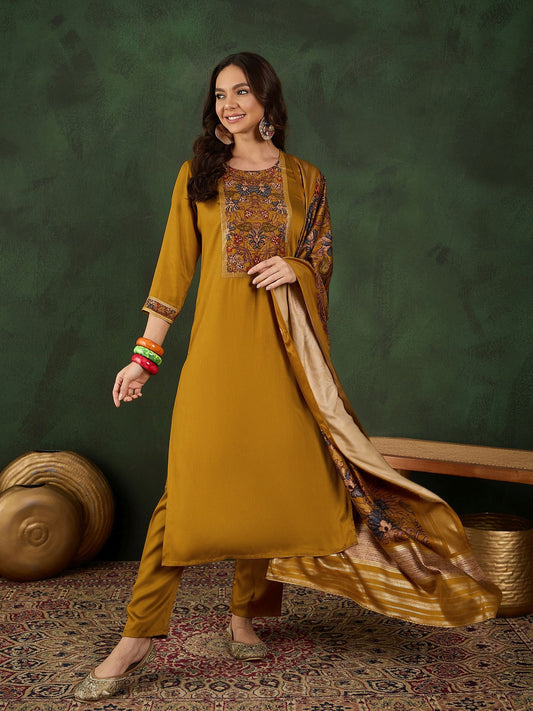 Dhiyona SN Women's Floral Printed Sequinned Straight Kurta With Trouser And Dupatta