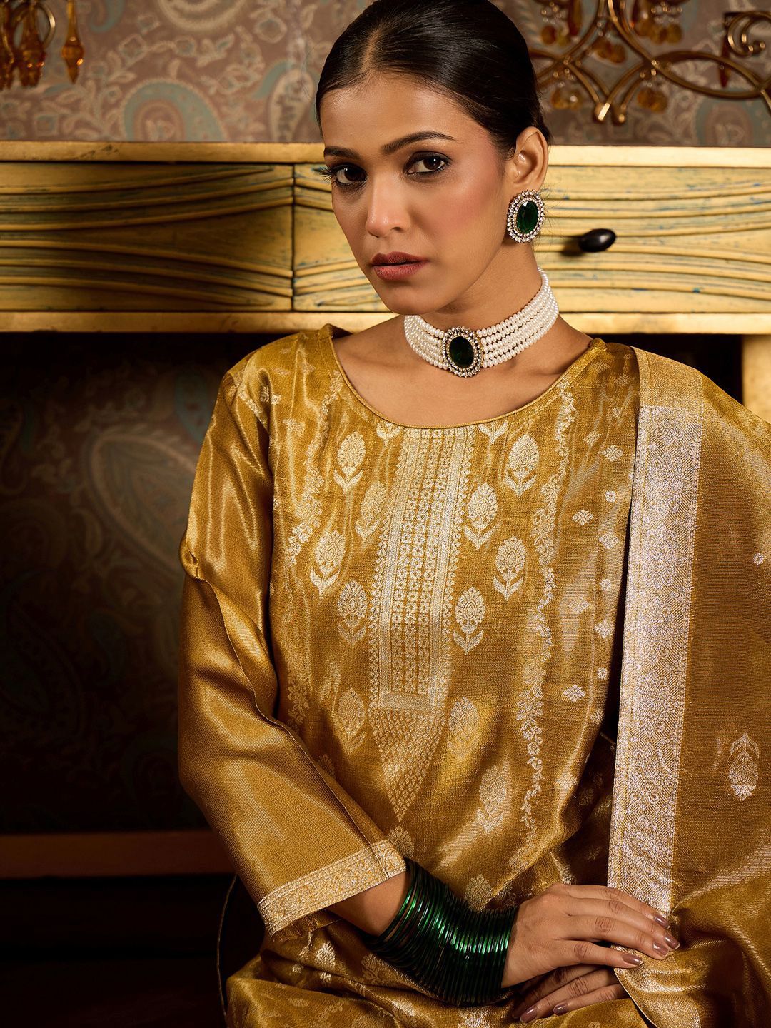 Dhiyona IE Ethnic Motifs Woven Design Zari Straight Kurta With Trousers & Dupatta