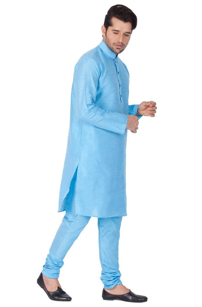 Men's Light Blue Silk Blend Straight Kurta Pyjama Set