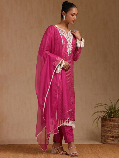 Dhiyona SO Women's Women Bandhani Printed Regular Thread Work Kurta with Trousers & With Dupatta