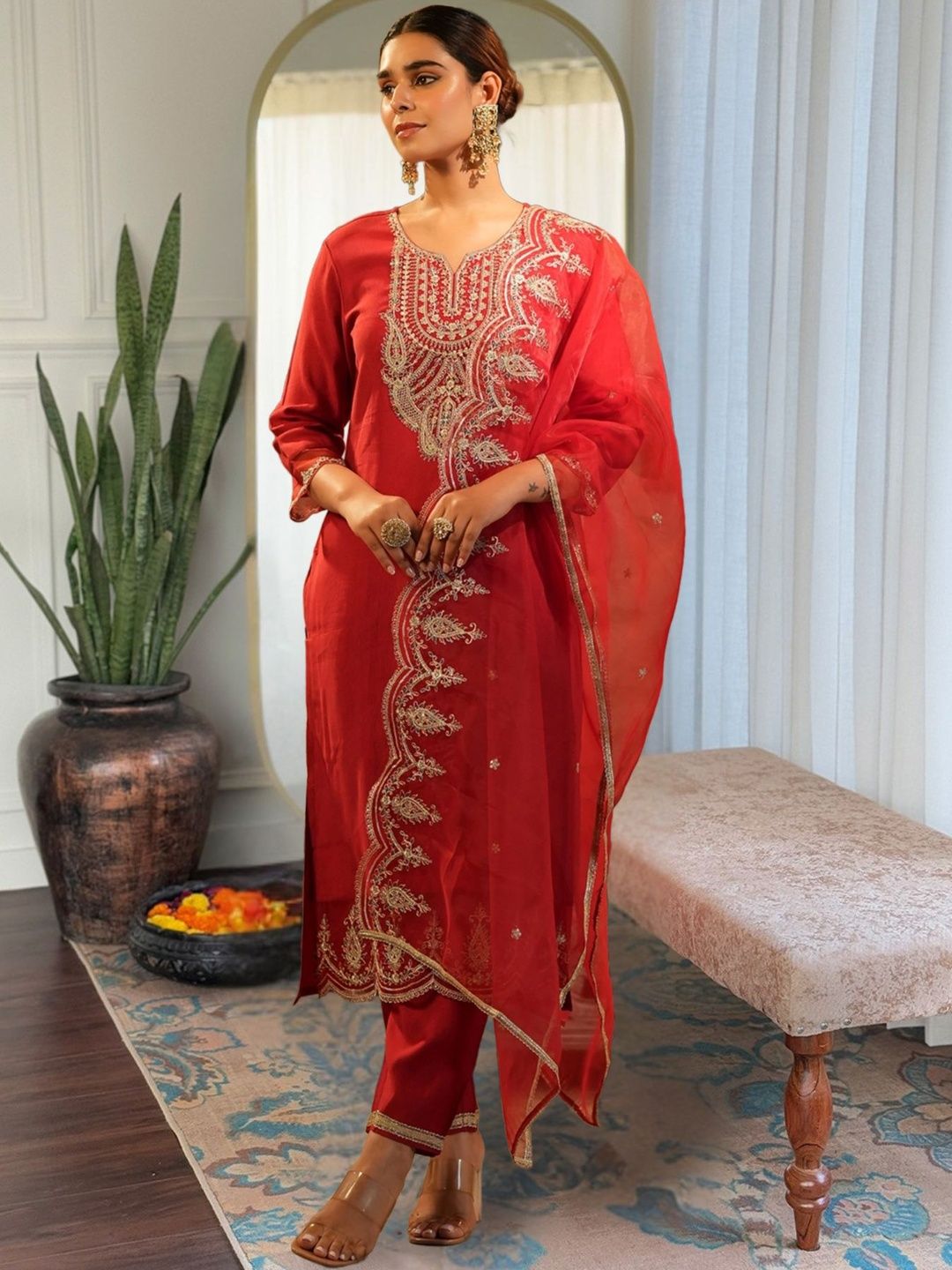 Dhiyona IE Women Ethnic Motifs Embroidered Regular Thread Work Liva Kurta with Trousers & With Dupatta