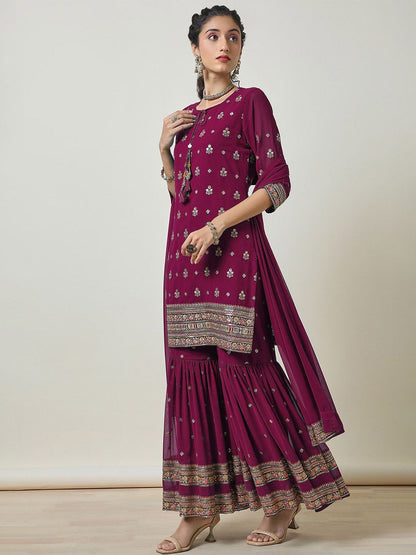 Dhiyona SO Women's Women Printed Regular Thread Work Kurta with Sharara & With Dupatta