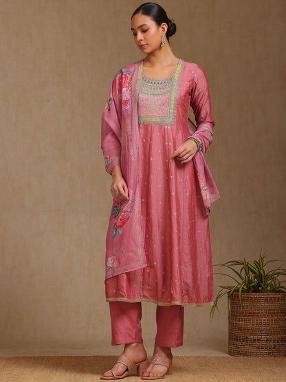 Dhiyona SO Women's Floral Embroidered Round Neck Sequinned A-Line Kurta With Trousers & Dupatta