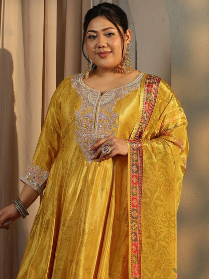 Dhiyona Women's Plus Size Floral Embroidered Kurta with Trousers & Dupatta