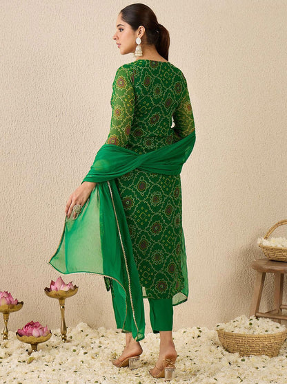 Dhiyona IE Women's Bandhani Printed Thread Work Straight Kurta With Trousers & Dupatta