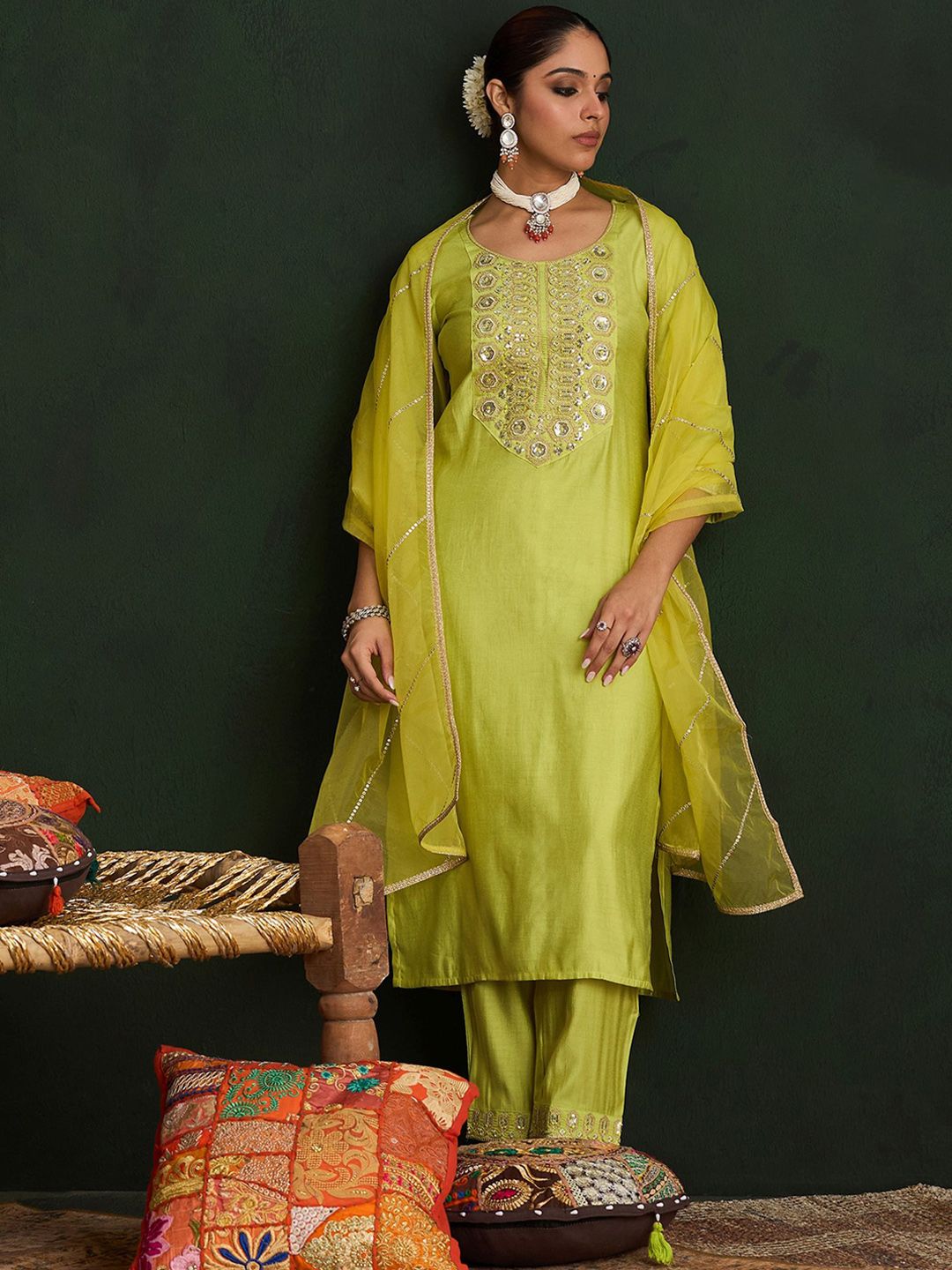 Women Embroidered Regular Liva Kurta with Trousers & With Dupatta