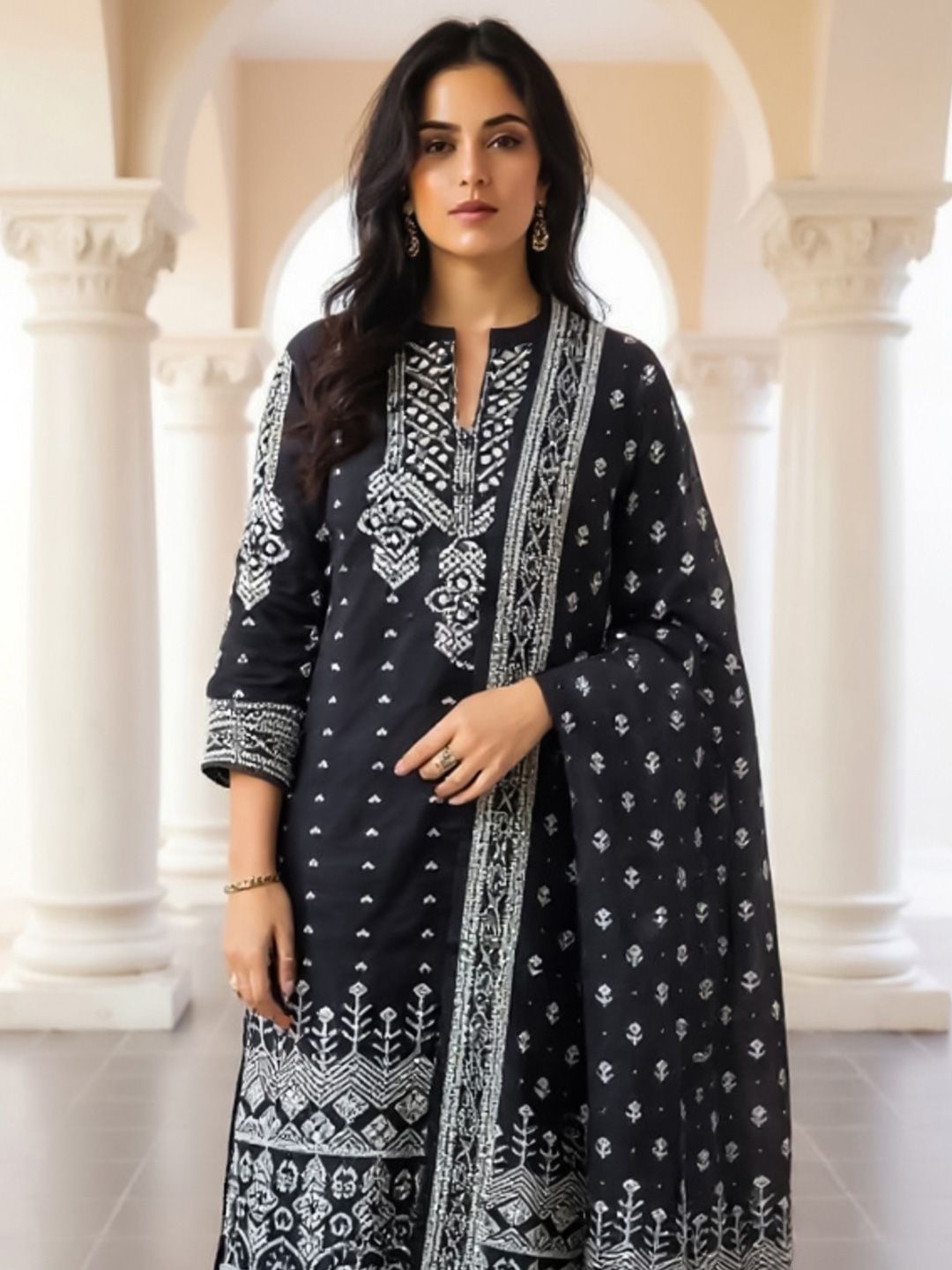 Women Ethnic Motifs Printed Cotton Kurta with Trousers & Dupatta