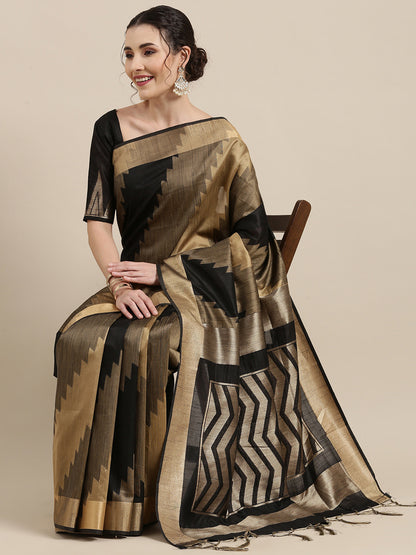 Women's Cotton Silk Black Woven Design Handloom Saree With Blouse Piece