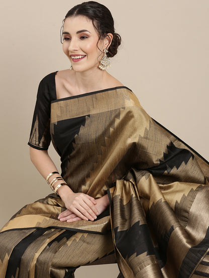 Women's Cotton Silk Black Woven Design Handloom Saree With Blouse Piece