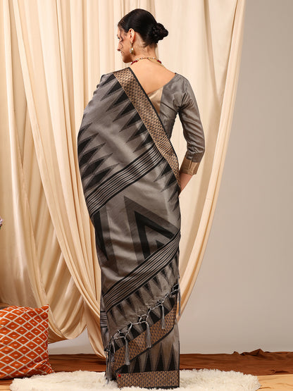 Women's Silk Cotton Grey Woven Design Designer Saree With Blouse Piece