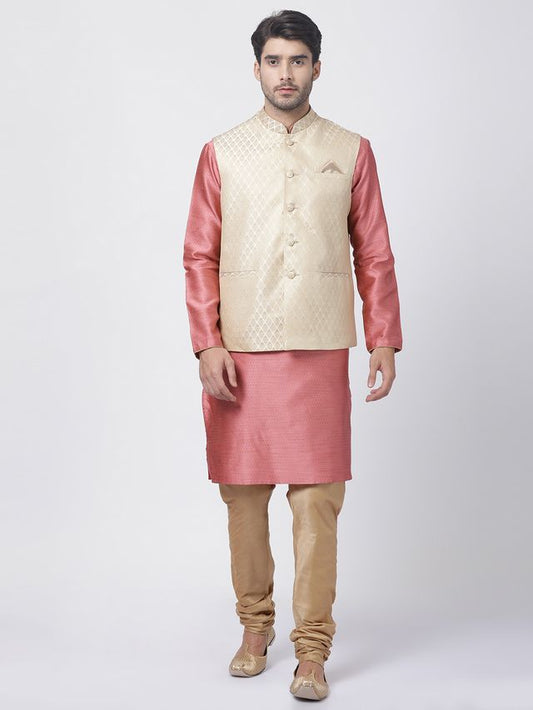 Men's Pink Silk Blend Straight Jacket  Kurta and Pyjama Set