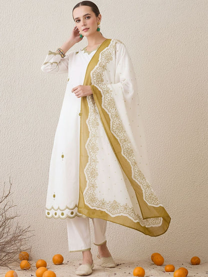 Ethnic Motifs Embroidered Sequinned Pure Cotton Kurta With Trousers & Dupatta