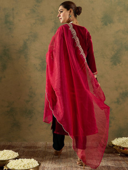 Dhiyona IE Ethnic Motifs Embroidered Regular Velvet Straight Kurta with Trousers & Dupatta