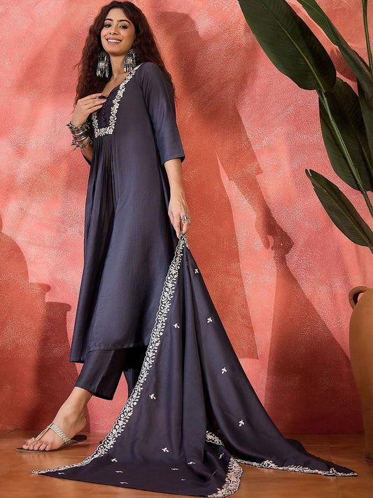 Dhiyona SN Women's Floral Yoke Design Thread Work A-Line Kurta With Trouser And Dupatta