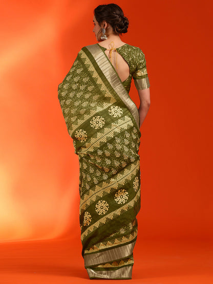 Women's Cotton Silk Olive Printed Designer Saree With Blouse Piece