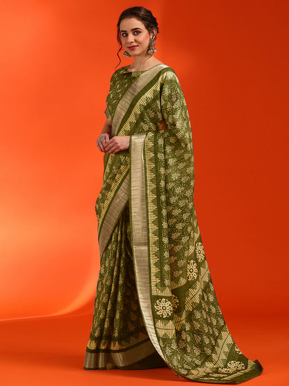 Women's Cotton Silk Olive Printed Designer Saree With Blouse Piece