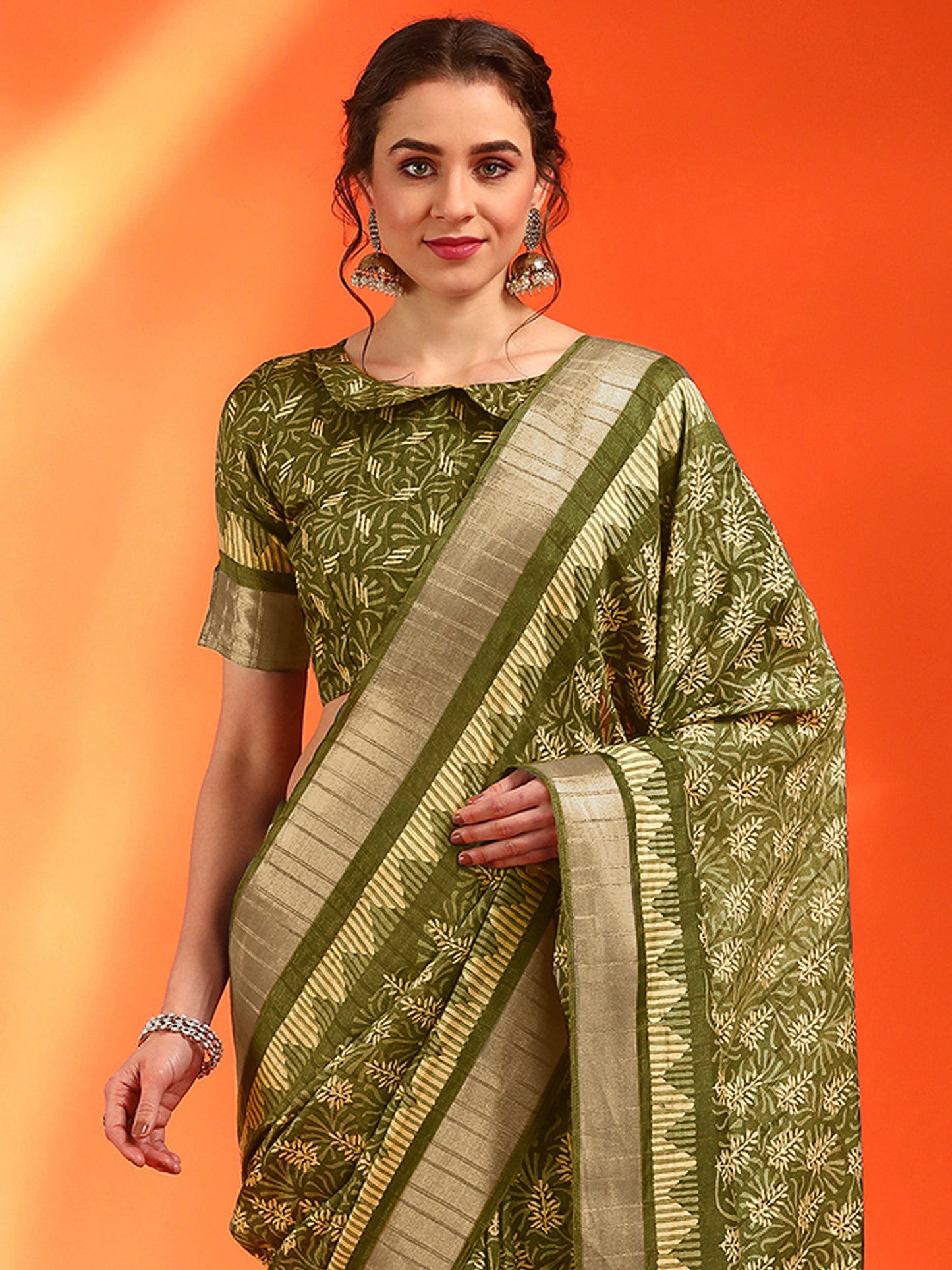 Women's Cotton Silk Olive Printed Designer Saree With Blouse Piece