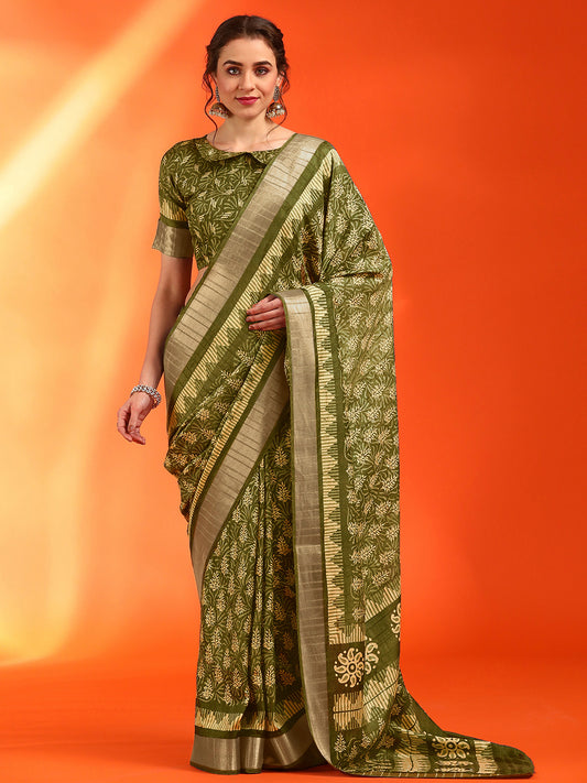 Women's Cotton Silk Olive Printed Designer Saree With Blouse Piece
