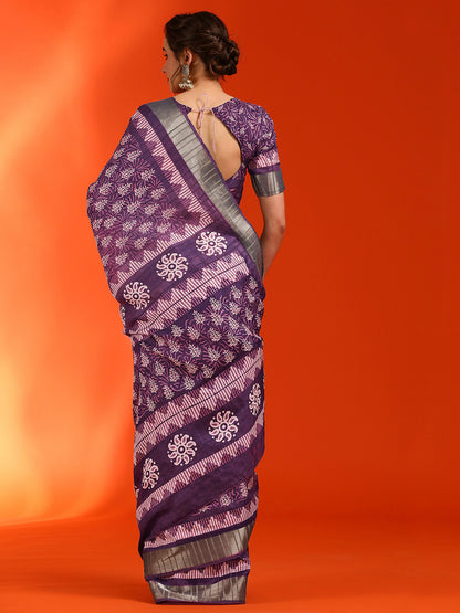Women's Cotton Silk Violet Printed Designer Saree With Blouse Piece