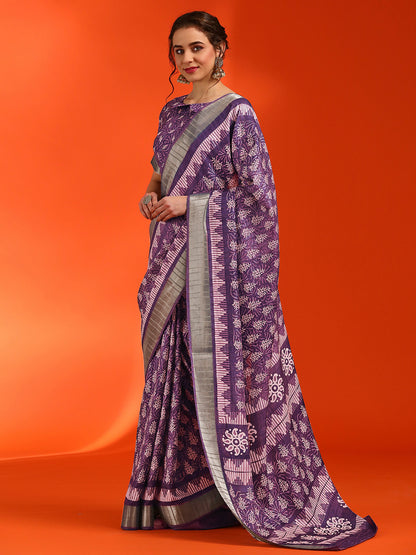 Women's Cotton Silk Violet Printed Designer Saree With Blouse Piece