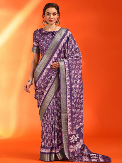 Women's Cotton Silk Violet Printed Designer Saree With Blouse Piece
