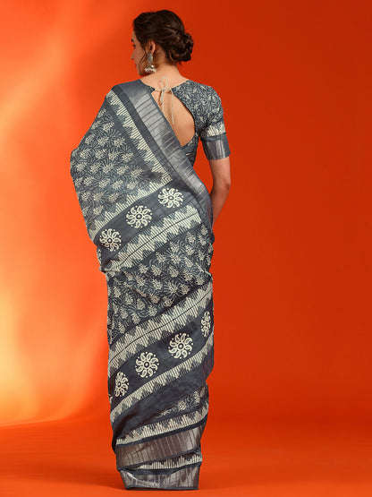 Women's Cotton Silk Grey Printed Designer Saree With Blouse Piece