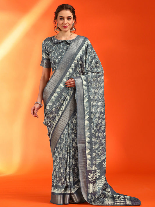 Women's Cotton Silk Grey Printed Designer Saree With Blouse Piece