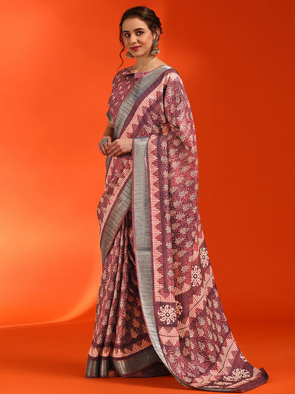 Women's Cotton Silk Brown Printed Designer Saree With Blouse Piece