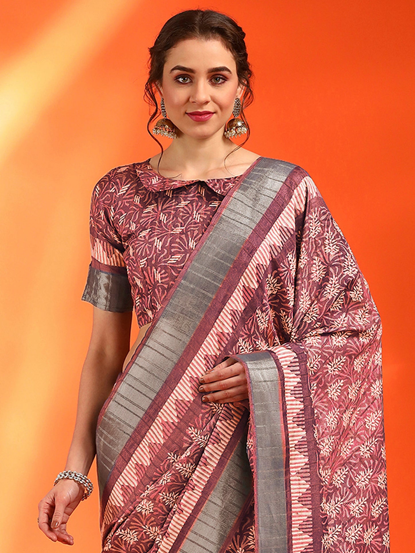 Women's Cotton Silk Brown Printed Designer Saree With Blouse Piece
