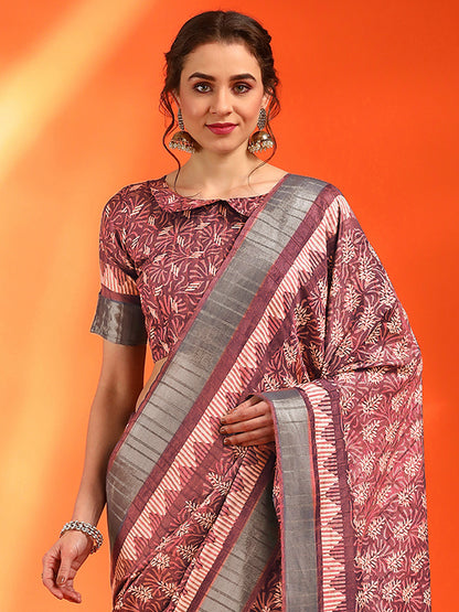 Women's Cotton Silk Brown Printed Designer Saree With Blouse Piece