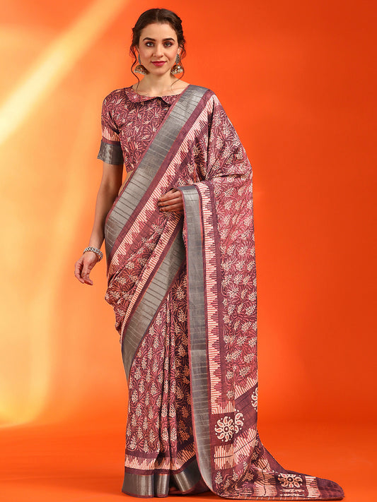 Women's Cotton Silk Brown Printed Designer Saree With Blouse Piece