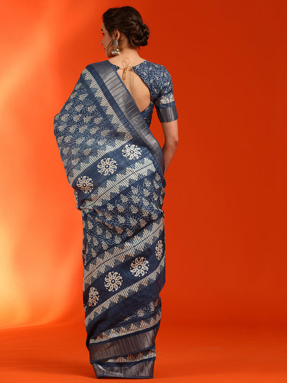 Women's Cotton Silk Navy Blue Printed Designer Saree With Blouse Piece